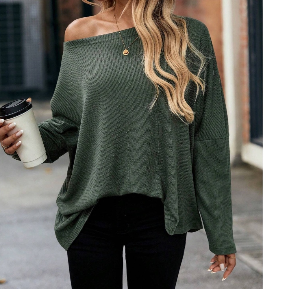Solid Off Shoulder Loose Fit Waffle Long Sleeve Top - Picture 7 of 16
